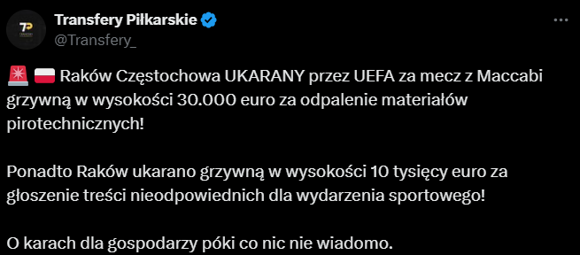 HIT! Raków UKARANY za mecz z Maccabi!
